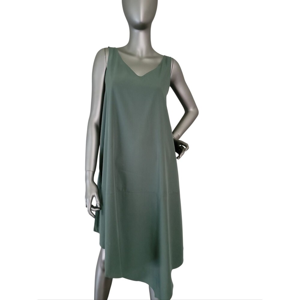 Eileen Fisher Sandwashed Tencel Nori Asymmetrical Hem Bateau Neck Dress Petite M